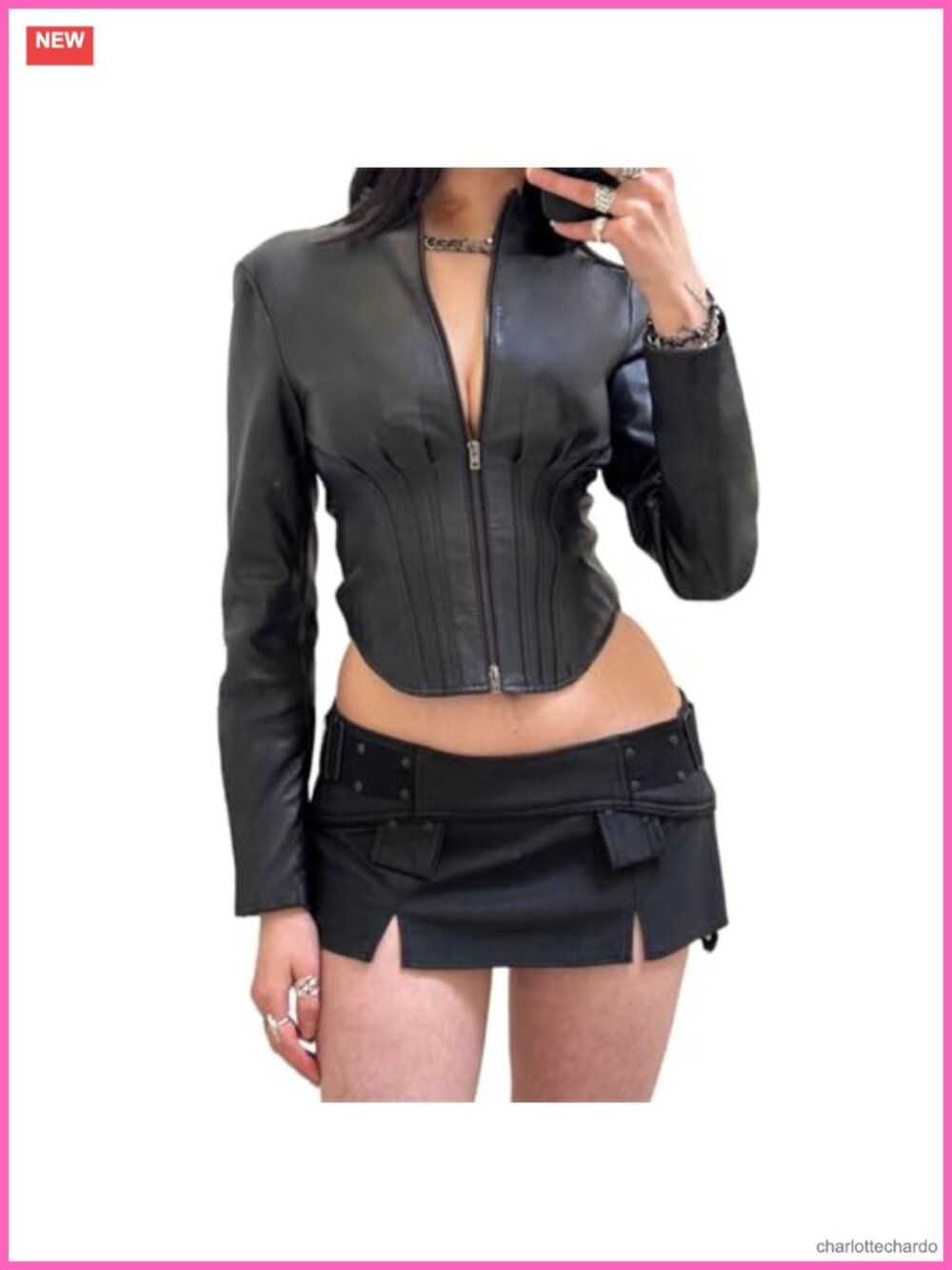 Faux Leather Long Sleeve Crop Jacket Moto Zip Up Mock Neck Gothic Rave